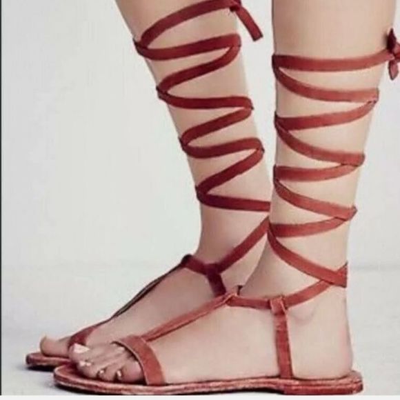 Free People Shoes - Free People Dahlia Red Rust Lace Up Flat Sandal